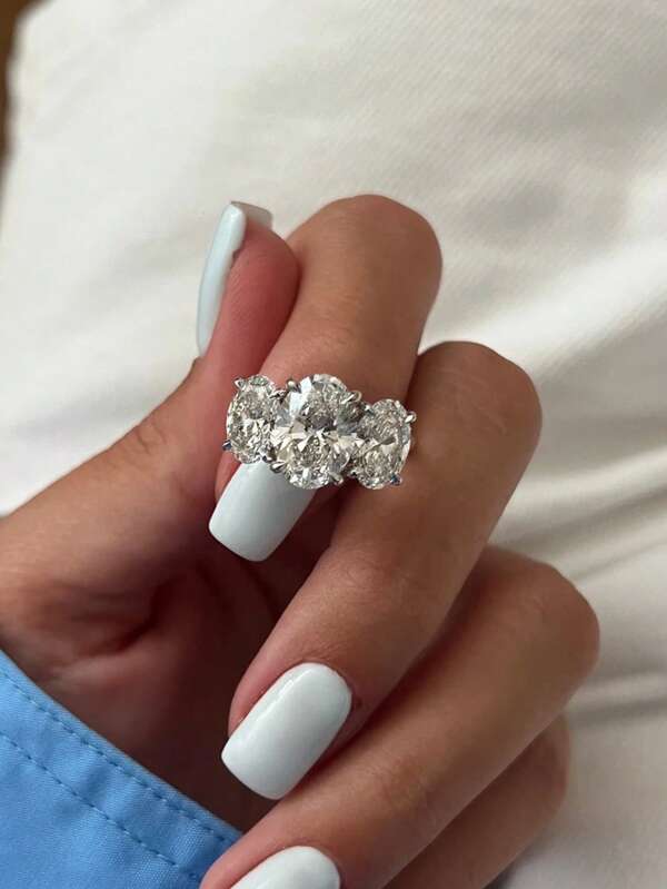 1pc Fashionable & Luxurious S925 Sterling Silver Ring For Women, High Carbon Diamond Shiny Triple Stone Oval Decor Pure Silver Ring, Suitable For Wedding, Engagement, Bridesmaid, Daily Wear, Party, Valentine's Day, Birthday Gift