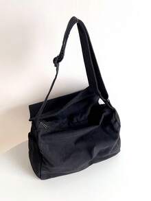 复古极简百搭翻盖单肩包，加厚水洗帆布包，休闲百搭大容量美式斜挎包，学院风日系大学生书包，短途旅行包，简约街头布包，黑色斜挎包 - 黑色 - 查看 4