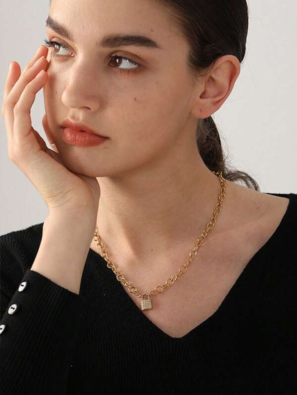 1pc Stainless Steel Cross Lock With Zirconia Necklace Thick Chain Punk Style Personalized Women's Jewelry