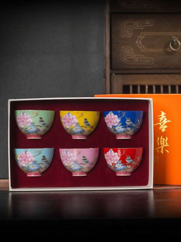 1set/6pcs Enamel Tea Cups, Ceramic Material, Luxury Retro Kung Fu Tea Ceremony Tea Cups, Suitable For Entertaining Guests And Friends, Elegant Tea Cups In Gift Box, Suitable For Afternoon Tea And Coffee