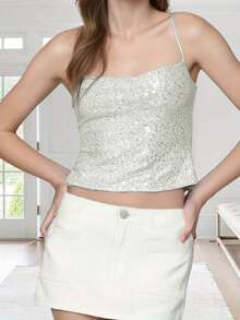 Women's Sparkle Cami Tops Sleeveless Spaghetti Strap Square Neck Sequin Camisole Party Rave Tops - trắng - Xem 1