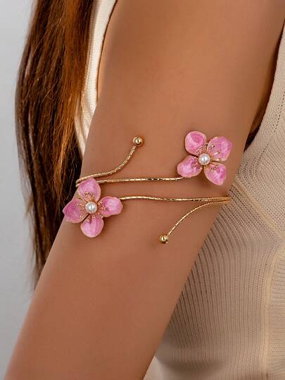 1pc Unique Faux Pearl Inlaid Floral Arm Cuff, Suitable For Women's Daily And Holiday Wear