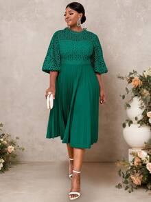 Lace Pleated Dresses Half Lantern Sleeves Hollow Out Elegant Midi Wedding Guest,Graduation Outfit - 墨綠色 - 查看 5