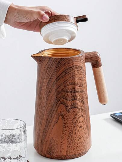 1 Stück 1000ML/33,8oz Vakuumisolierte Flasche, langanhaltend Glaseinlage, Kaffeekanne mit Druckknopfspender und Holzgriff, geeignet für Büro, Hotel, Restaurant, Studentenwohnheim