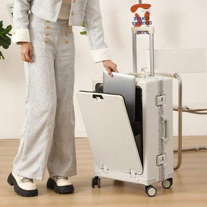 1pc Front Opening 20-Inch Carry-On Luggage With USB Port & Cup Holder & Phone Holder, Versatile Aluminum Framed Carry On Suitcase With Spinner Wheels And Laptop Compartment Pocket, High-Value Durable Hardside Luggage, Password Lock Trolley Case