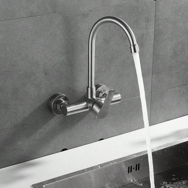 [Cocinacet de acero inoxidable] Cocinaeto montado en la pared de Acero inoxidable con canalón rizado - Agua caliente y fría, giratorio - Incluye accesorios