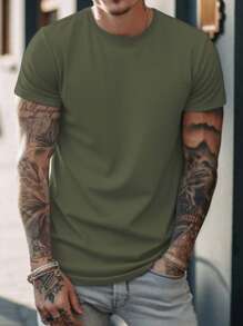 男士休闲纯色圆领短袖T恤，适合日常休闲穿着 - 軍綠色 - 查看 6