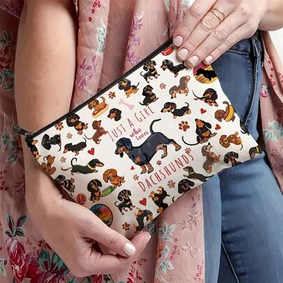 1 pieza, Bolsa de cosméticos con estampado único y lindo de Dachshund - Bolsa de medicina reutilizable de estilo bohemio, bolsa de lápices con estética de granja de animales, bolsa de maquillaje para almacenamiento, bolsa de viaje y cosméticos - Adecuada para la escuela, decoración del hogar de verano, almacenamiento de joyas, bolsa de aperitivos, bolsa de viaje de 9 pulgadas * 6 pulgadas para útiles escolares de vacaciones, bolsa de viaje para mujeres