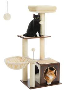 PAWZ Road Cat Tree Modern Cat Tower For Indoor Cats,Multilevel Cat Play House With Large Condo, Spacious Hammock, Cozy Top Perch,Scratching Post And Dangling Balls - 棕色 - 查看 2