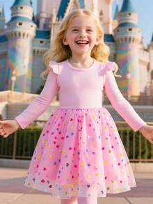 Kleine Mädchen Bunter Polka Punkt Mesh Trompetenärmel Rundhals Prinzessin Kleid, geeignet für Party, Outdoor, Alltag, Urlaub, Geschenk