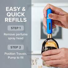 Atomizador de perfume HD clásico Travalo a prueba de fugas y aprobado por TSA para viajes aéreos, rociador de bomba de aire fácil de llenar, diseño ligero y elegante con volumen en ventana azul de 0.17oz