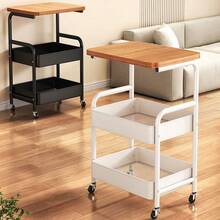 1pc Wooden Desktop Rolling Cart, 3-Tier Metal Multipurpose Rolling Storage Cart With Lockable Wheels, Suitable For Kitchen, Office, Bedroom (Black/White)