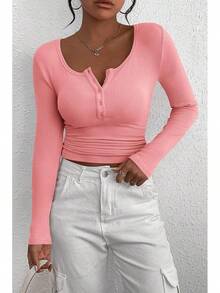 Women's 2025 Fall Long Sleeve Henley Shirts Button Ribbed Knit Casual Basic Tops Blouse - Pink - View 6