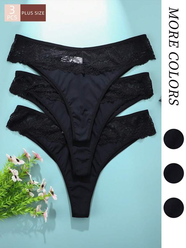 Conjunto de 3 calcinhas femininas plus size de renda e patchwork, tecido respirável e confortável