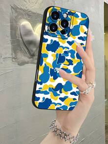 Fashionable Popular Personalized Blue - Yellow Camouflage Pattern Design Theme Luxury Shockproof Aesthetic Cute Phone Caselens Protrusion Protection  Compatible With For IPhone 16/16Plus/16Pro/16ProMax 1514 13 12 11 Series And Compatible With For Galaxy S/A SeriesGift For Easter Day Christmas Halloween Decoration/Gift For Birthday Girlfriend Boyfriend Friend Or Yourself - màu đen - Xem 2