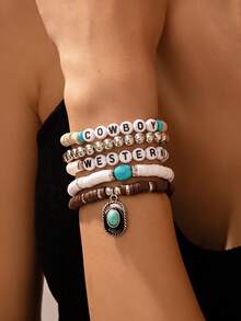 5 件套波西米亚西部牛仔帽吊坠手链，复古弹力手链，个性多层串珠手链（手工制作，珠子随机） - 款式3 - 查看 1