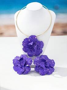 3pcs/Set Elegant Bohemian Style Metal Oversized Flower Pendant Necklace, Earrings Jewelry Set For Women, Suitable For Daily & Vacation Outfits