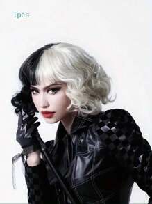 1pc/Ladies' Fashion Black And White Yin-Yang Curly Wig, Medium Length, Very Suitable For All Kinds Of Costume Role-Playing.,Halloween