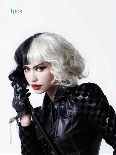 1pc/Ladies' Fashion Black And White Yin-Yang Curly Wig, Medium Length, Very Suitable For All Kinds Of Costume Role-Playing.,Halloween
