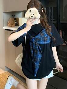 Áo thun tay ngắn cổ bẻ kẻ caro dáng rộng, thích hợp cho mùa hè. - màu đen - Xem 3