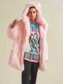 1pc Men's Long Sleeve Faux Fur Coat, Fluffy Soft Pink Furry, Hooded With Ears, Cute & Playful, Loose Fit, Mid-Length, Suitable For Autumn/Winter, Holidays, Daily, Travel, Outdoor, Streetwear, Home Wear