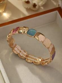 Elegant Vintage Minimalist Style Elastic Zinc Alloy Bracelet For Women - KC Gold Plated Oval Glossy & Matte Design, Versatile For Daily Wear, Formal Events, Sophisticated Gift