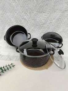 3 Pezzi Set di Pentole Smaltate Multifunzione, Leggero con Coperchi in Vetro, Comprende una Pentola, una Casseruola e una Padella Antiaderente, Facile da Pulire, Adatto per Fornelli a Gas e Elettrici, Essenziale Durevole per la Cucina Domestica e la Ristorazione, Ideale anche per il Campeggio all'Aperto.