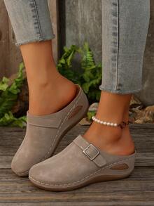 Mules Slip-On com Plataforma Elegantes e Fashion para Mulheres, Slides com Sola Macia e Confortável para Primavera/Outono, Adequados para Casa, Caminhada, Deslocamento, Saltos Anabela - Caqui - Visão 4