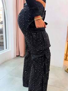 GLOURI Women's Glitter Rhinestone Cargo Trousers Jeans - High Waist Denim W/ Functional Pockets | Dazzling Statement Pants For Festivals & Night Out & Party - Black - View 2