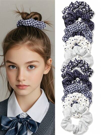 5pcs Collegiate Striped & Polka Dot Midnight Blue Hair Scrunchies, Versatile Casual Accessories Suitable For Daily Life And Back To School For Girls