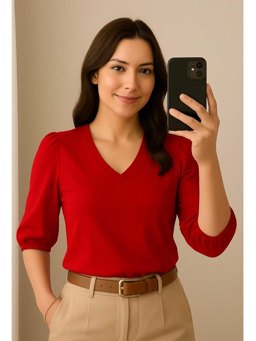 Women's Crepe Duna Blouse With 3/4 Puff Sleeve Plus Size And Slim - Đỏ - Xem 1