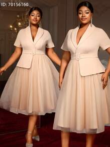 Khaki Turn-Down Collar Short Sleeve Peplum Patchwork Mesh A-Line Dress Business Party