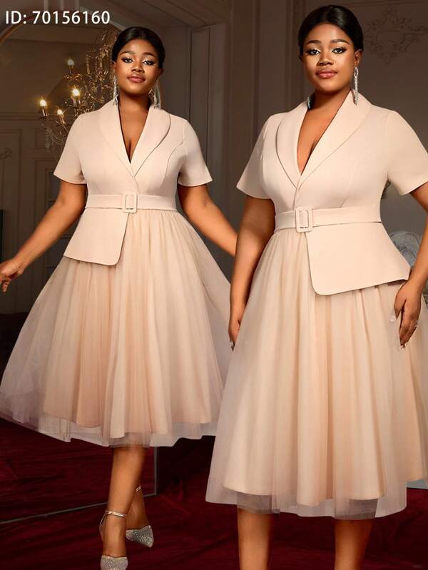 Khaki Turn-Down Collar Short Sleeve Peplum Patchwork Mesh A-Line Dress Business Party