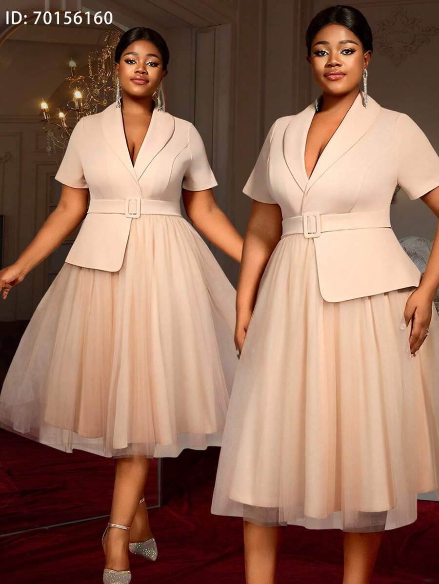 Khaki Turn-Down Collar Short Sleeve Peplum Patchwork Mesh A-Line Dress Business Party