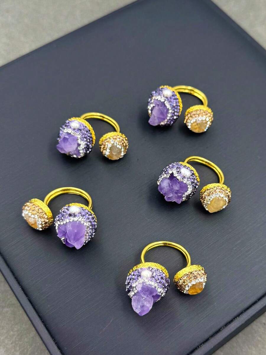 1pc Fashionable New Raw Crystal Inlaid Pearl Ring, Personalized Mixed Color Vintage Niche Luxury Dotted Diamond Jewelry