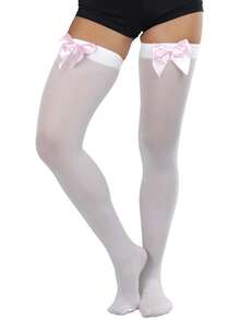 1双简约蝴蝶结装饰光滑柔软过膝袜，Y2K - 彩色 - 查看 2