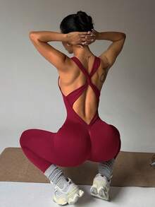 Slayoga 女士纯色交叉剪裁修身塑身衣 - 中紫紅色 - 查看 7