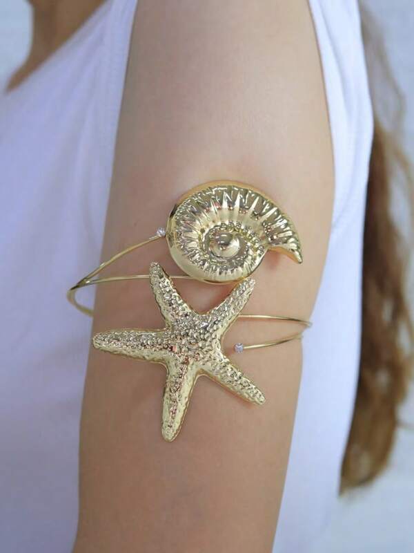 1pc Gold-Color Seashell & Starfish Arm Band, Beach Vacation Style Arm Jewelry