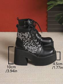 哥特式系带刺绣厚底踝靴，侧拉链，朋克摇滚风格 - 黑色 - 查看 6