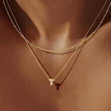 2pcs/Set 26 Letter Necklace & Clavicle Chain, Copper Material, Delicate & Minimalist Design, Suitable For Commuting, Women Accessories