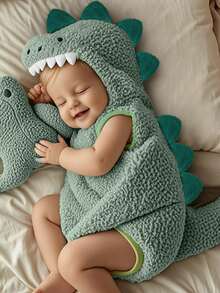 Disfraz de dinosaurio de Halloween para bebé, mono de peluche sin mangas con capucha, ropa divertida para fiesta - Verde - Ver 9