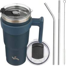 Konokyo - Vaso de 30 onzas con asa y 2 pajitas, 2 tapas, botella de agua aislada de acero inoxidable, de viaje, reutilizable, color claro - Azul marino - Ver 13