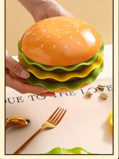 7-Layer Creative Hamburger-Shaped Plastic Tableware Set – Cute And Colorful 3D Burger Design Bowls And Plates Combo With Bone Plate, Ideal For Serving Salads, Desserts, And Appetizers – Lead-Free Material, Perfect For Festivals And Everyday Use