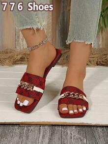 Shuzia，女士水钻链条装饰平底拖鞋，时尚露趾圆头防滑拖鞋，户外拖鞋，白色凉鞋，黑色凉鞋，橙色凉鞋。婚鞋。万圣节。节日必备