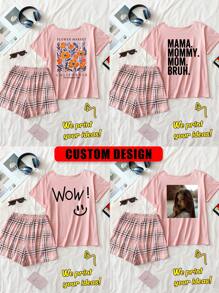 Customized Fashionable Home Wear Plaid Pants 2-Piece Set, Personalized Gift