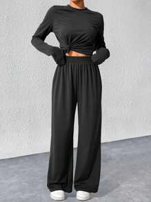 2pcs Women Long Sleeve Round Neck T-Shirt Top & Loose Comfortable Casual Pants Set - Black - View 7