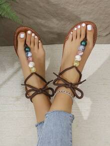 Yipa Colorful Bead Sandals For Teenagers, With Toe And Foot Clips, Summer Flat Bottom, Non Slip Soft Bottom, Fashionable And Versatile Strap, Cool Slippers Suitable For Beach Parties And Gatherings - Brown - View 4