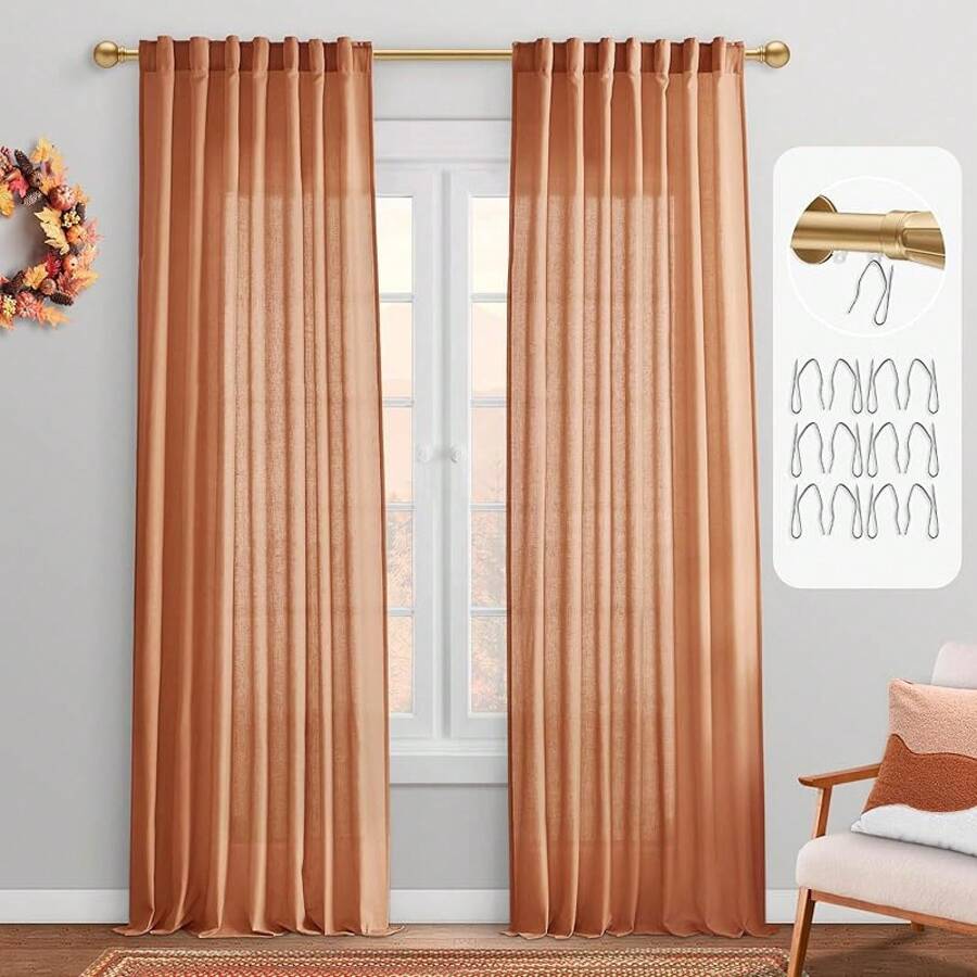 Coquette White Linen Bedroom Sheer Curtains 108 Inches Long, Back Tab Pleated Long Curtains, Elegant Modern Long White Curtains Living Room, 9 FT - 鏽 - 查看 1