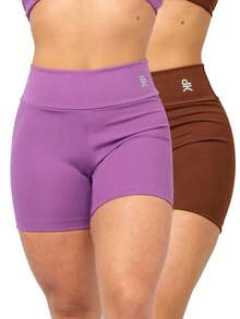 Kit 2 Women's Fitness Shorts High Waist Zero Transparency Blackout Gym Basic Bermuda Shorts Women's Crossfit Yoga - 咖啡色+紫色 - 查看 1