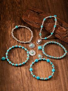 5 Stück/Set Vintage Türkis Perlen Elastikband Armband Set im Western Cowboy Stil, geeignet für den täglichen Gebrauch, unisex (handgemachte Perlenfarbe, -position und -menge sind zufällig)